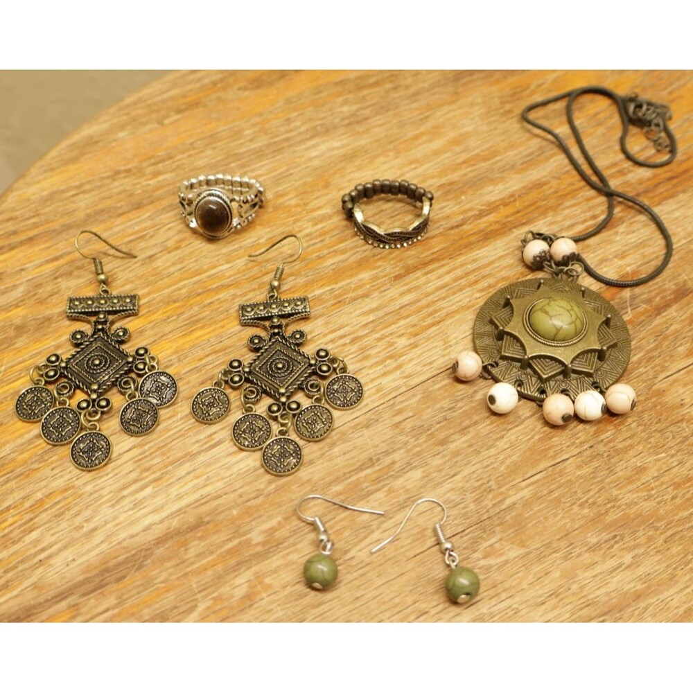 Boho Tribal Western Jewelry Lot Antique Brass Green Stone Sunburst Necklace Ring